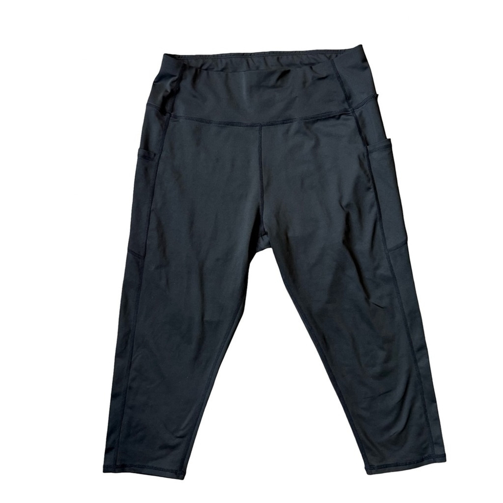 Black Shiny Cropped Leggings With Side Pockets Size XL Activewear Athleisure